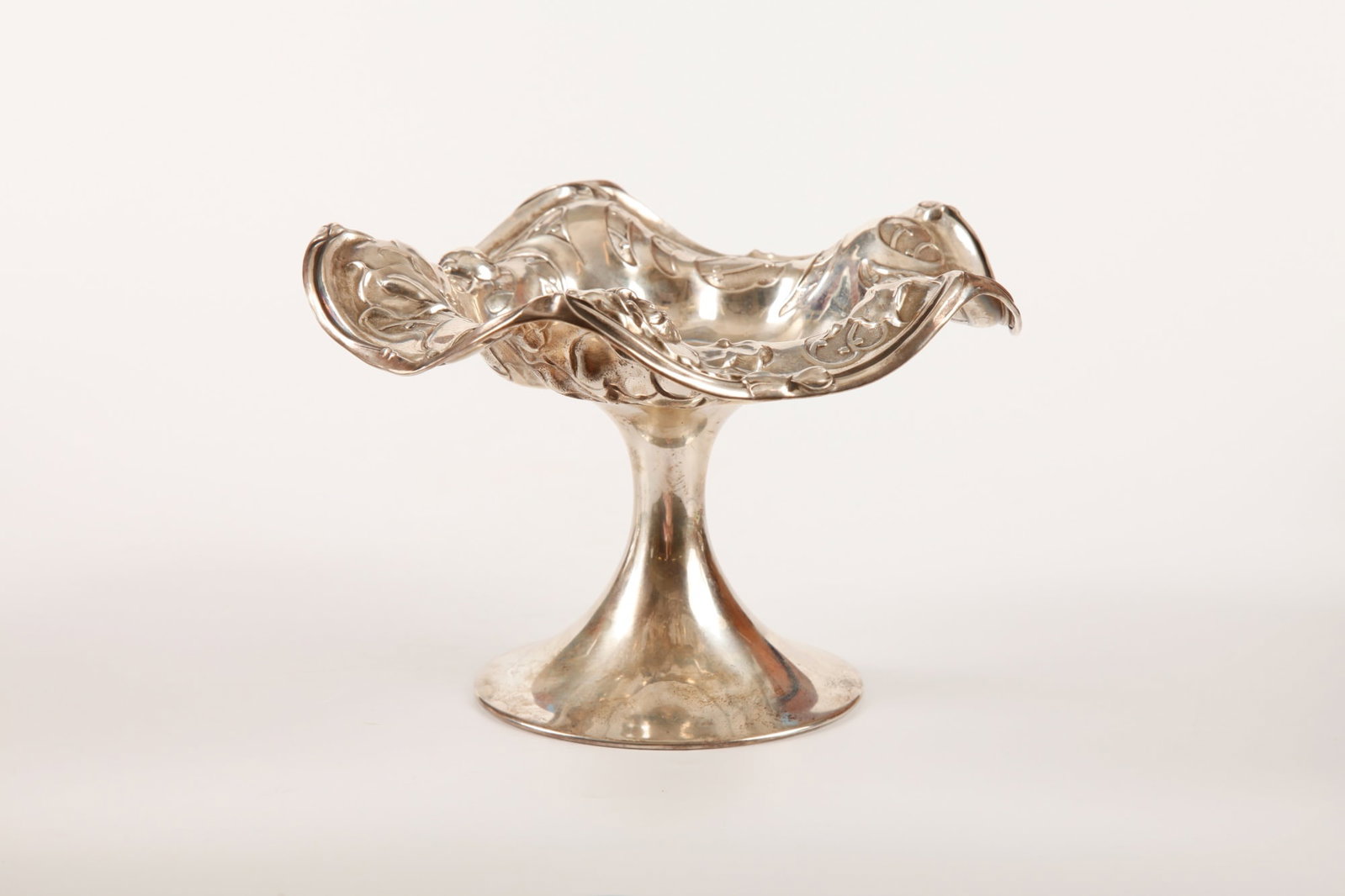 SIMPSON HALL & MILLER ART NOUVEAU STERLING COMPOTE: Hand worked Art Nouveau design. 5 x 7 3/4 inches. 9 ozt.