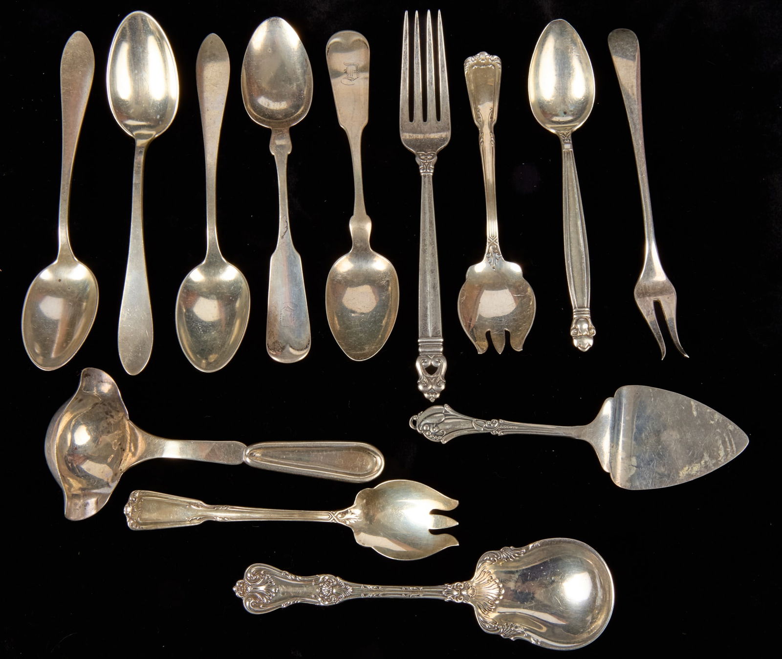 GROUPING of INTERESTING STERLING SILVER TABLEWARES: Royal Danish, Ice Cream spoons, Frank Smith, etc. 10.4 ozt.