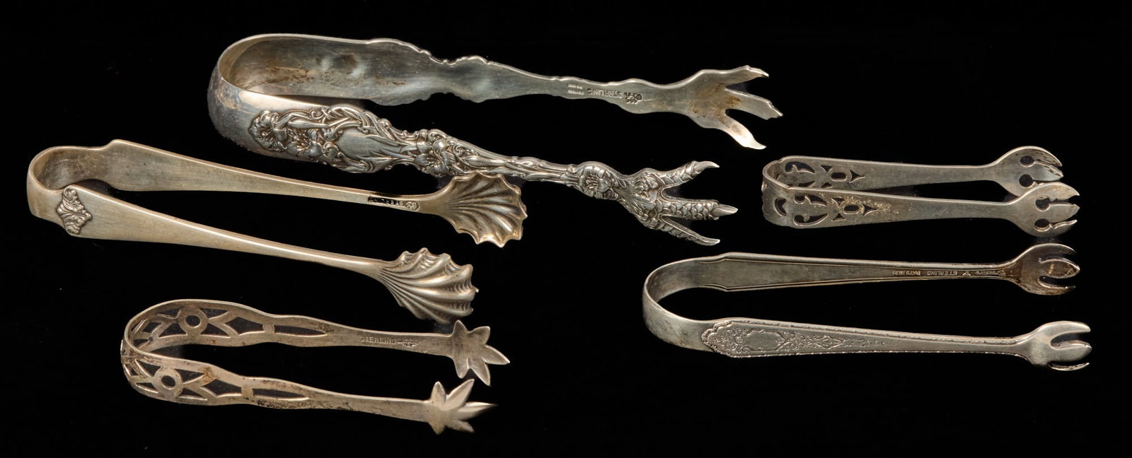 (5) STERLING SUGAR TONGS: Webster & Co, etc. 3.36 ozt. Longest 4 7/8"
