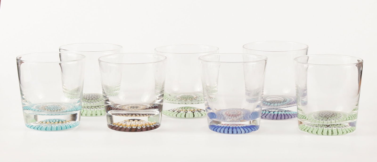 (7) MILLEFIORI "CANE WORK" ROCKS GLASSES: Unmarked. 3 1/2 x 3 1/4 inches