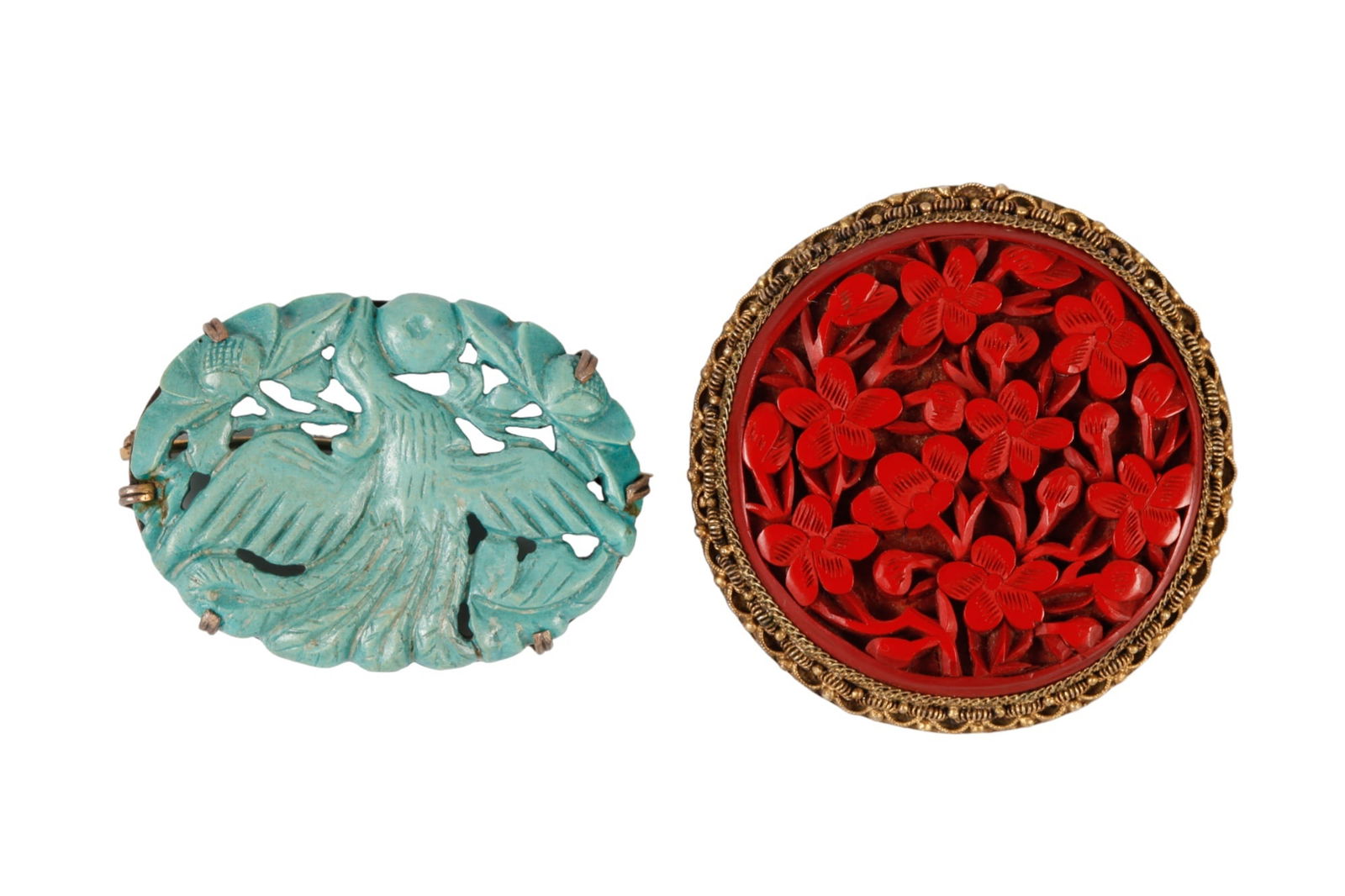 CHINESE CINNABAR & SILVER BROOCH & a SECOND (1 of 16)
