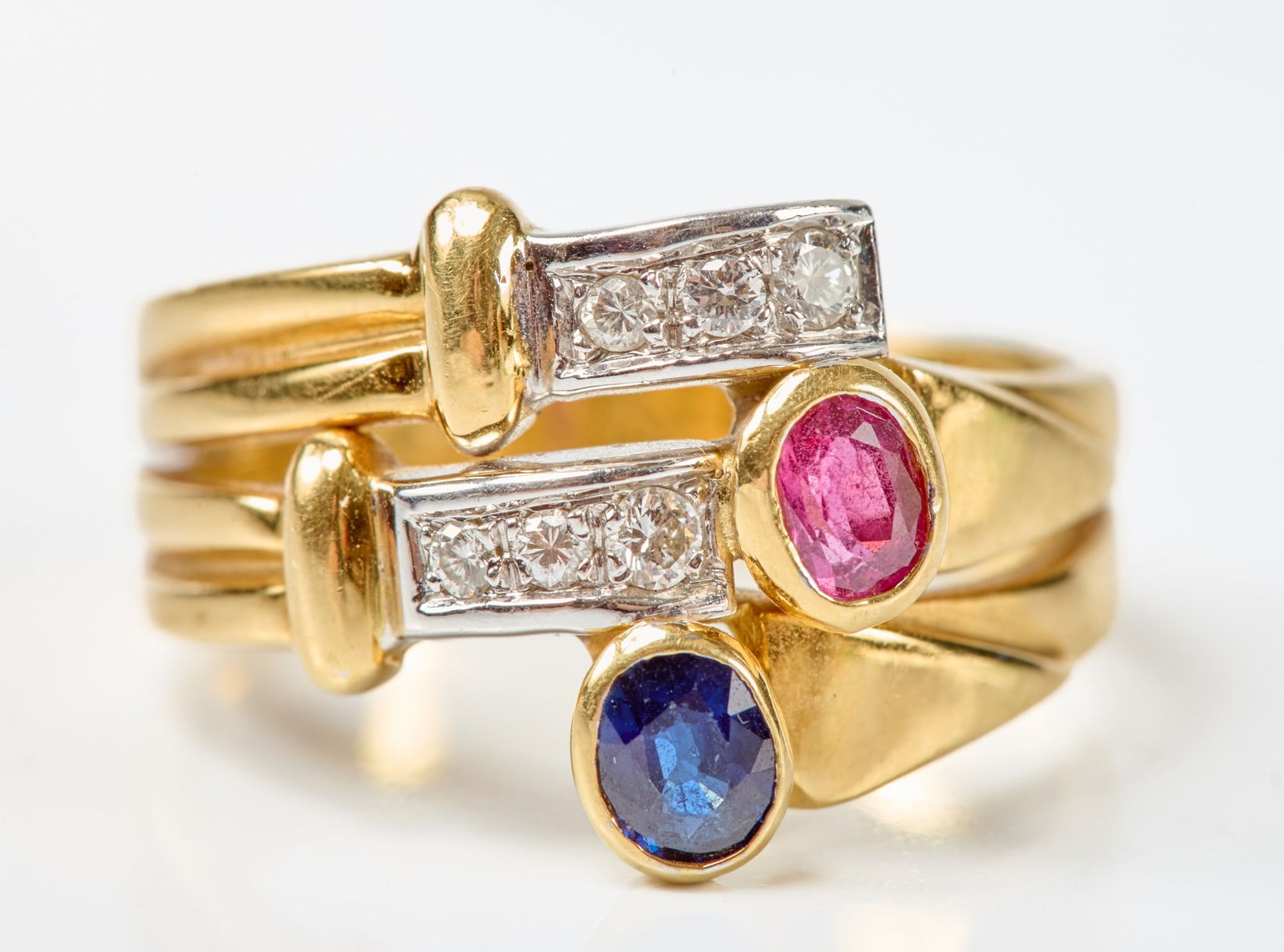 18K GOLD DESIGNER RING w DIAMONDS, RUBY & SAPPHIRE (1 of 6)
