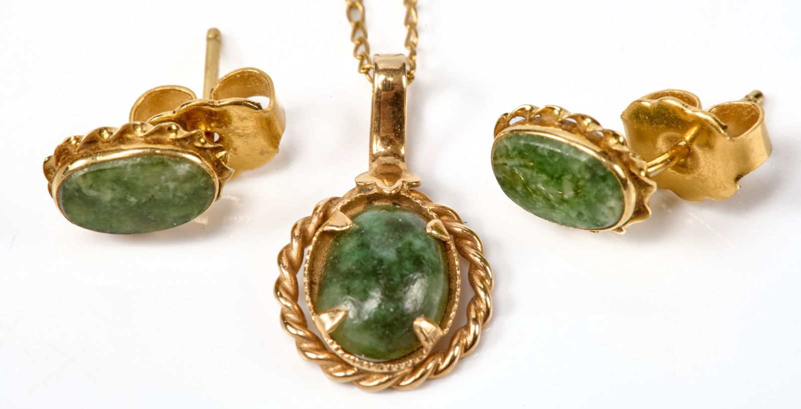 14k GOLD and SPINACH JADE EARRING & PENDANT SET (1 of 5)