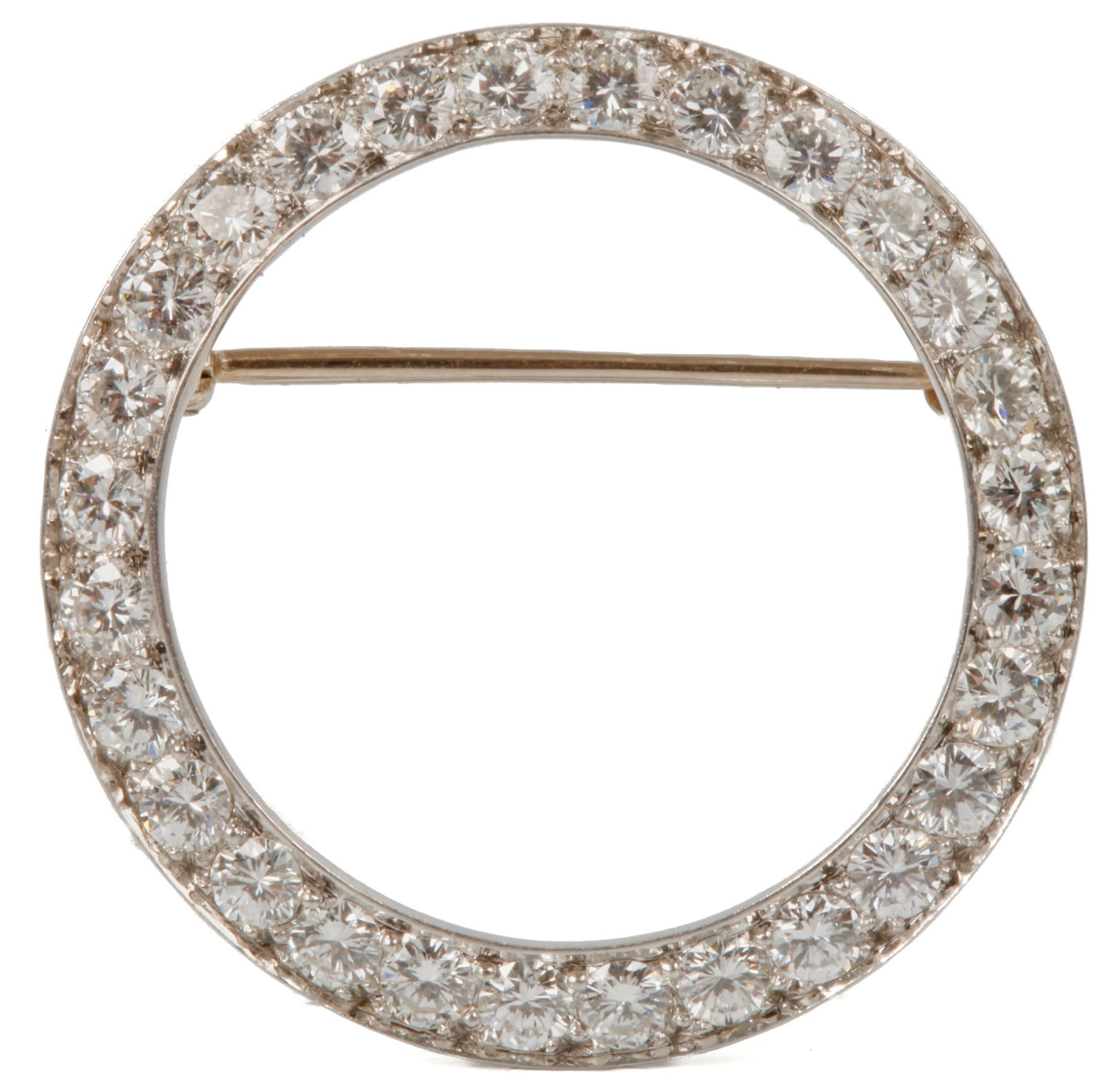 14K WHITE GOLD BROOCH set with DIAMONDS: Marked S.C. & L Co (Shreve Crump and Low). Diamond H-J color, VS Clarity (28 round .10 carat each) approximately 3 carat total weight. 1.25 inch diameter 4.7 dwt. Provenance: Emerson family, York ME.