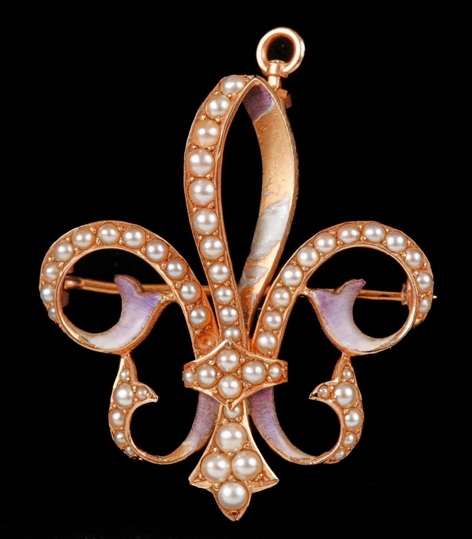 14k GOLD PENDANT BROOCH set with SEED PEARLS: Stylized enameled fleur de lis set with seed pearls. 1 1/4 inches. 3.7 dwt.