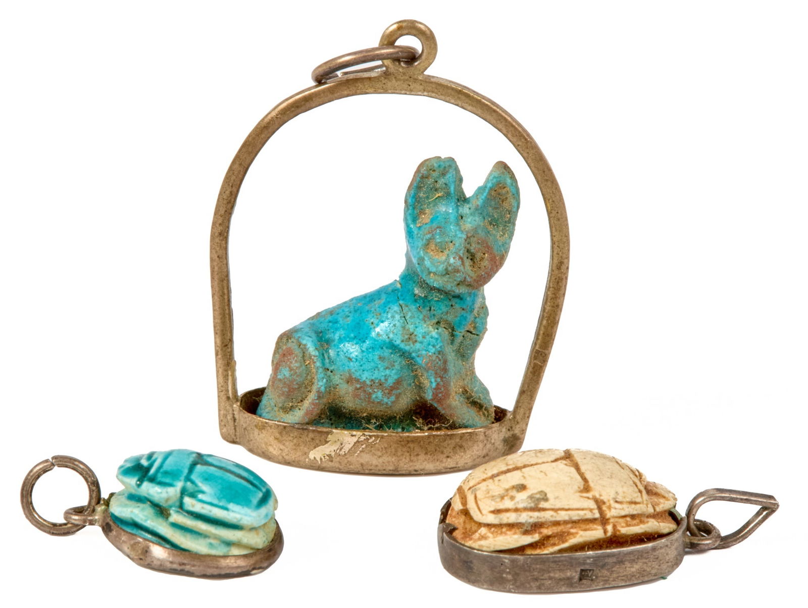 EGYPTIAN CAT PENDANT and (2) SCARABS (1 of 6)