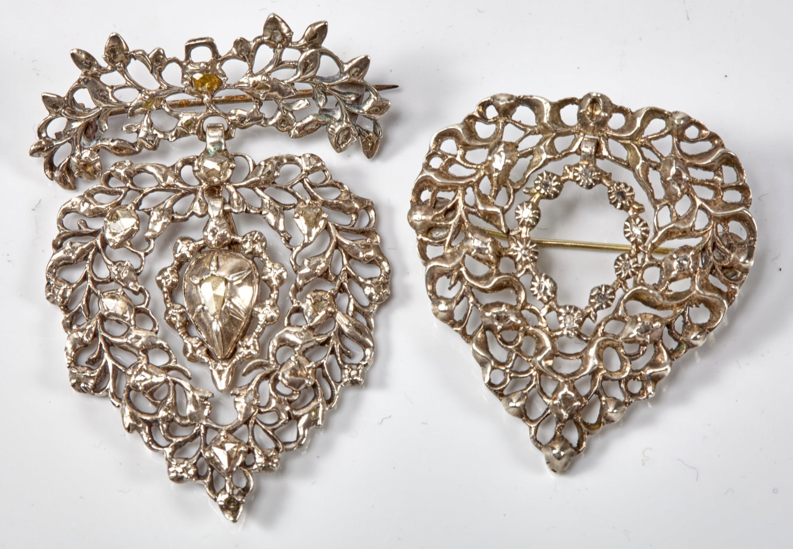 (2) FLEMISH BROOCHES with ROSE CUT DIAMONDS: 2 1/4 x 1 1/2 inches and 1 1/2 x 1 1/2 inches