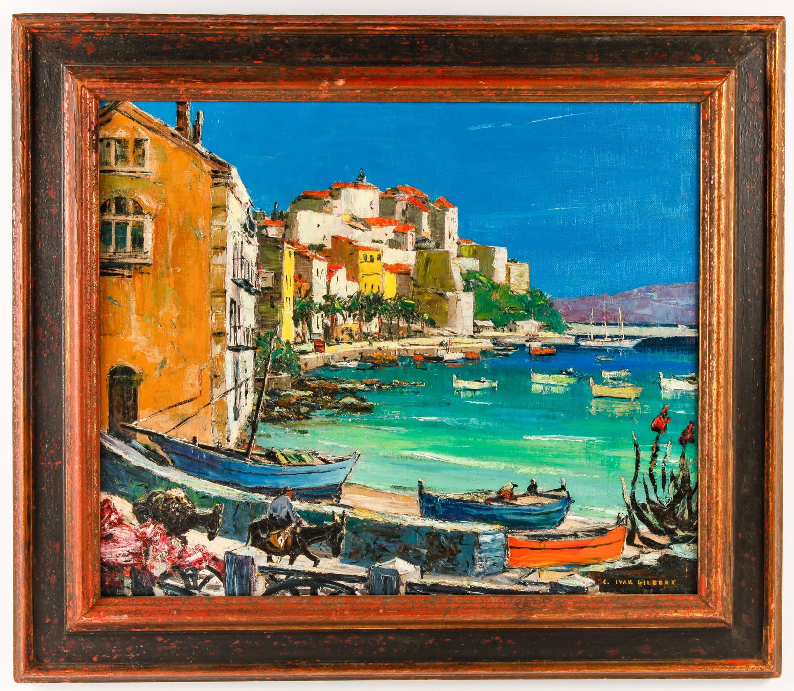 CARL IVAR GILBERT (1882-1959) "Harbor in Corsica": Oil on canvas 20 x 24 inches. signed C. Ivar Gilbert. presented in a Newcomb Macklin frame 26 1/2 x 30 1/2 inches (overall) Condition: Good Temp No 45