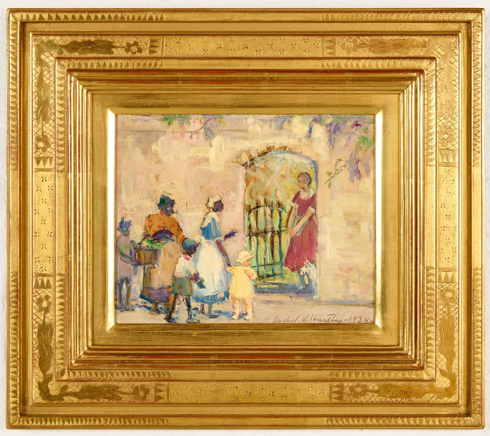 RACHEL V. HARTLEY (1884-1955): Charleston Street Scene Oil on board 10 x 12 inches Artist Background: Hartley was born in New York City. She was the granddaughter of George Inness(1825-1894), and the daughter of sculptor Jonathan H