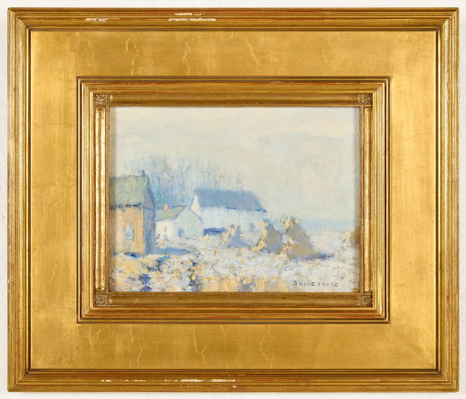 BRUCE CRANE (1857-1937): Frosty Morning Oil on board 9 x 12 inches Provenance: Old Lyme Art Association label verso Artist Background: Returning to America, Crane won the prestigious Webb Prize for landscape painting. In the