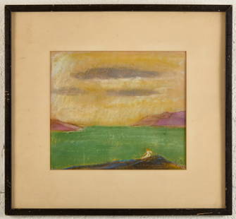 MODERNIST SCHOOL CIRCLE of MILTON AVERY: Woman by the Shore Pastel 8 ½ x 10 inches. signed. M AV framed by Pine Tree Designs, Ogunquit, Maine Condition: Pine Tree Designs Temp No 5108