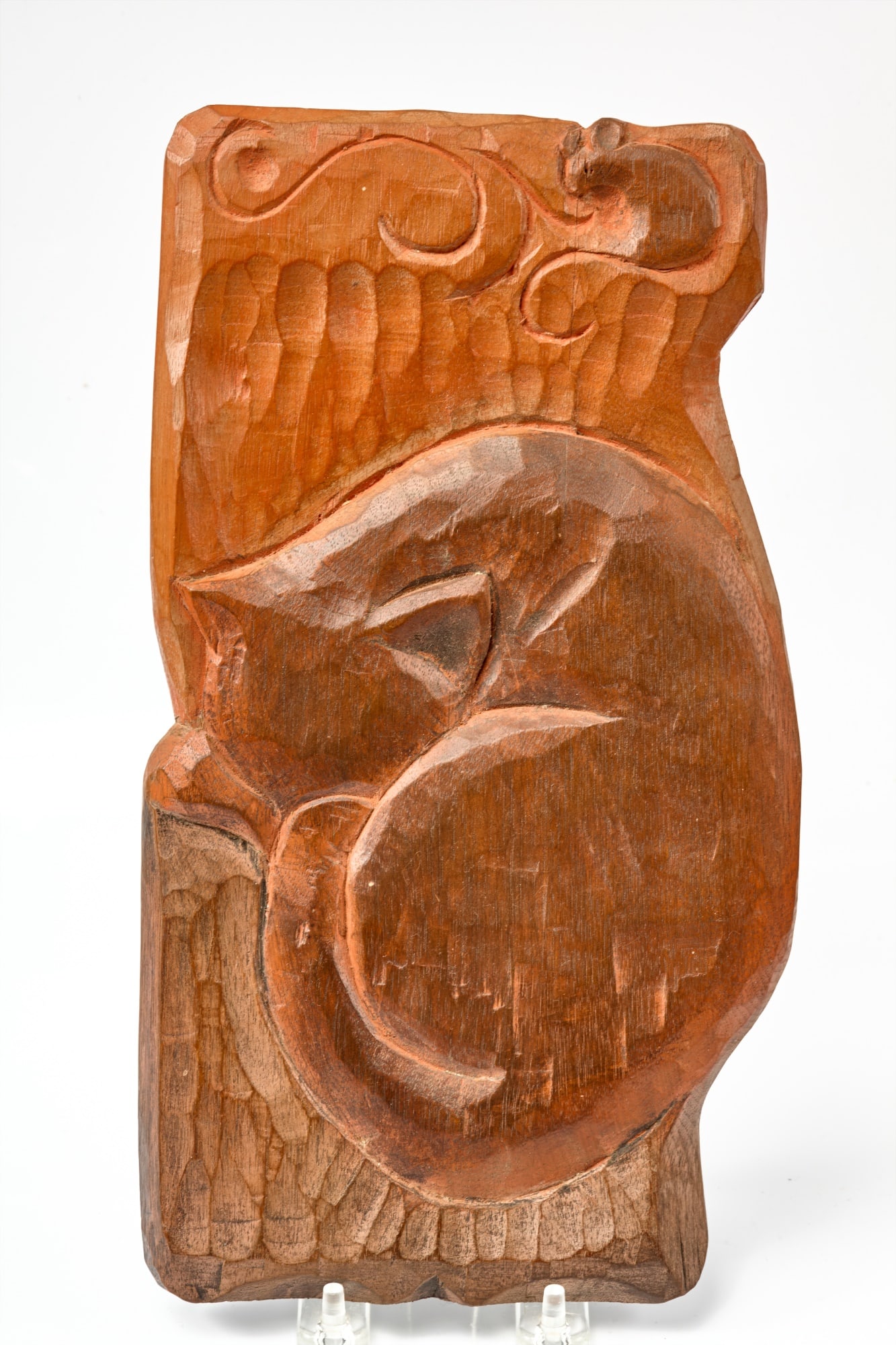ALFRED CZEREPAK (1928-1986): Relief carving on wood panel of a sleeping cat & sneaky mouse in red wash, signed verso. 12 x 6 3/4 inches. Condition: Good. Temp No 4771