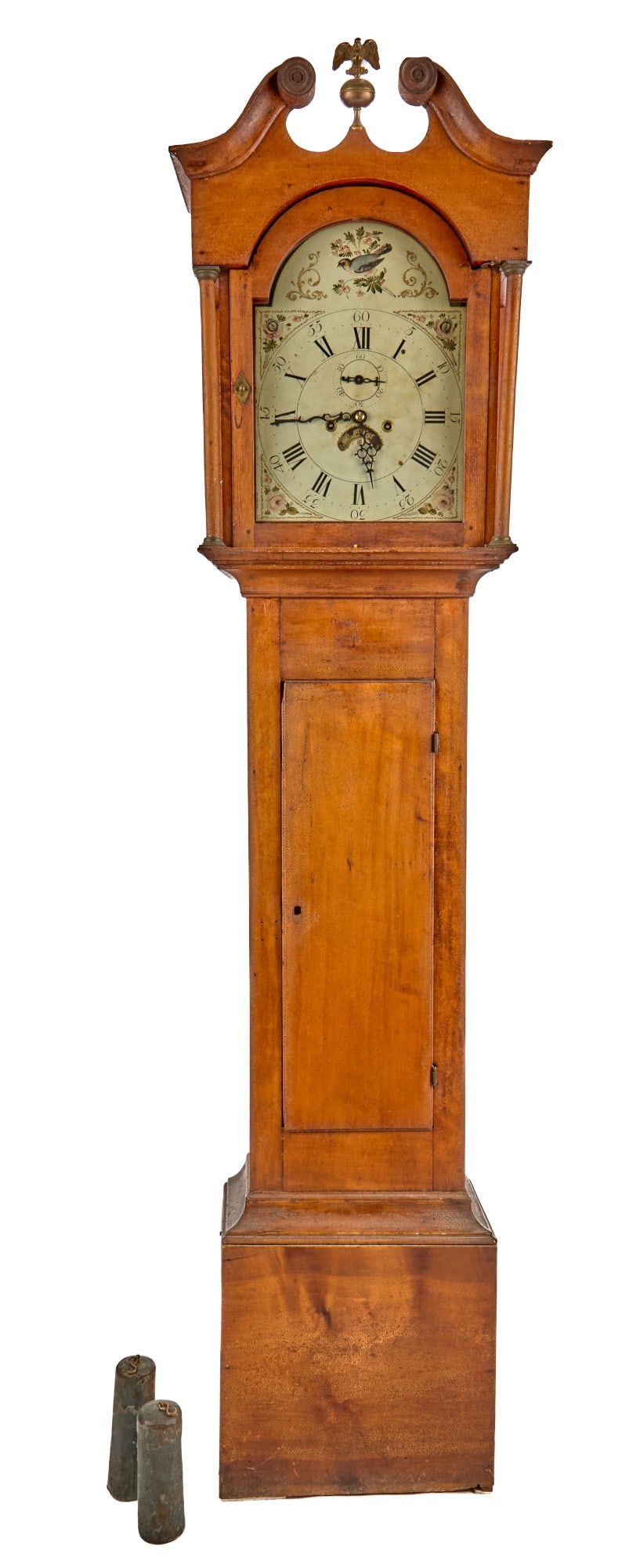 (19th c) COUNTRY CHERRY and HEART PINE TALL CLOCK: Bonnet top hood with brass roundels and eagle finial, fanciful painted dial with weight driven chiming movement, second hand and date calendar. Waist with molded door and molded waist transition. 82 i