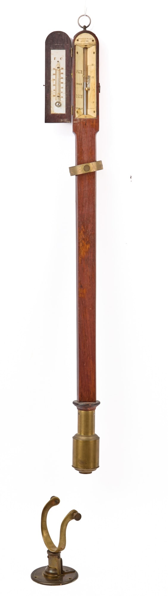 (19th c) THOMAS C. SARGENT STICK BAROMETER: Mahogany case with bone carved meters, gimballed brass wall mount. 36 inches.