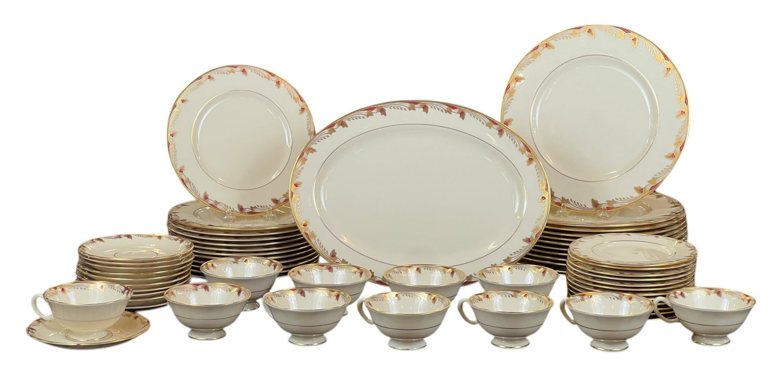 LENOX "ESSEX" PORCELAIN DINNER SET for (10): (12) 10 1/2 inch dinner plates, (12) 8 1/2 inch plates, (12) 6 1/2 inch plates, (11) saucers, (11) cups, & (1) platter.