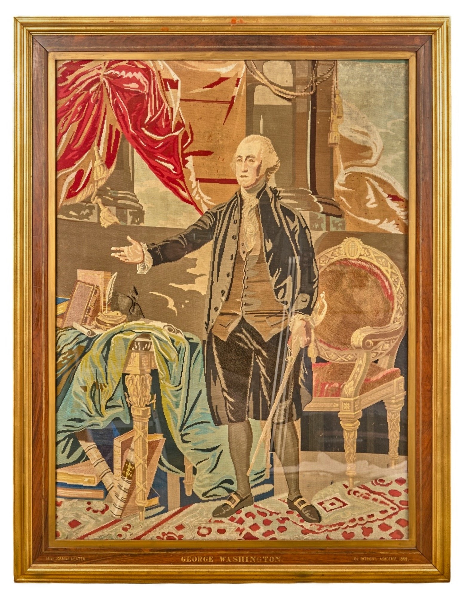 MONUMENTAL PETIT POINT PORTRAIT of GEO. WASHINGTON: Petit point portrait of George Washington after Gilbert Stuart, completed by Miss Joanna Lester of Saint Patrick's Academy (1852). Extraordinary work. 46 x 33 3/4 inches; 54 1/4 x 42 inches.