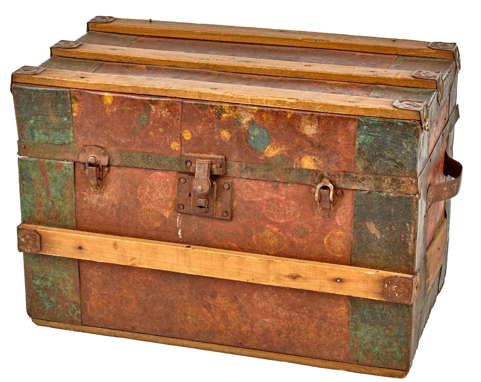 DIMINUTIVE (19th c) METAL VENEERED CHEST: Bound with copper and bronze toned straps and base metal accents. 14 x 23 x 11 1/2 inches