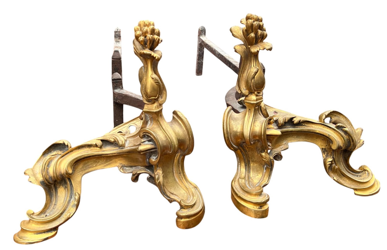 PAIR of FRENCH ROCOCO GILT BRONZE CHENETS: Beautifully cast with a vase of tulips finial. 10 x 10 x 25 inches.