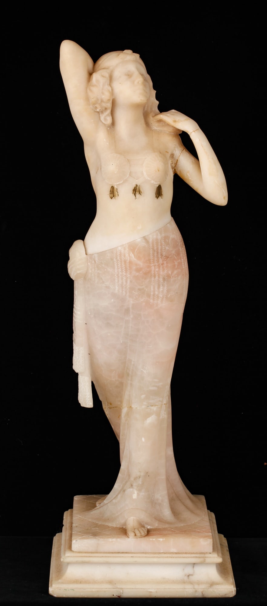ART NOUVEAU STATUETTE of a HAREM GIRL: Feathers highlighted with pigment. Alabaster upper body, pink quartz dress and marble base. unsigned 19 inches