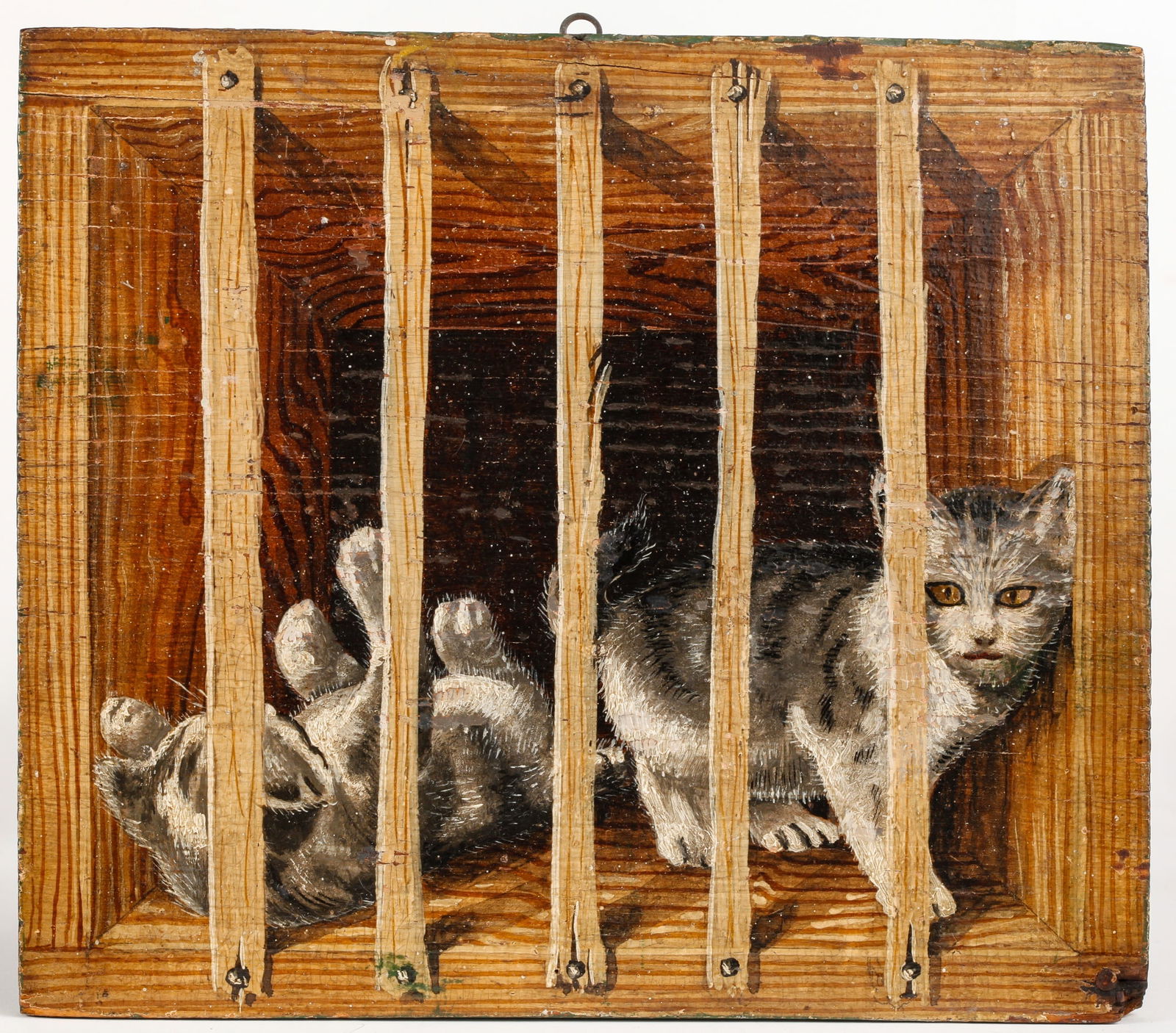 FOLKY (19th c) TROMPE L'OEIL of KITTENS in a CRATE (1 of 9)