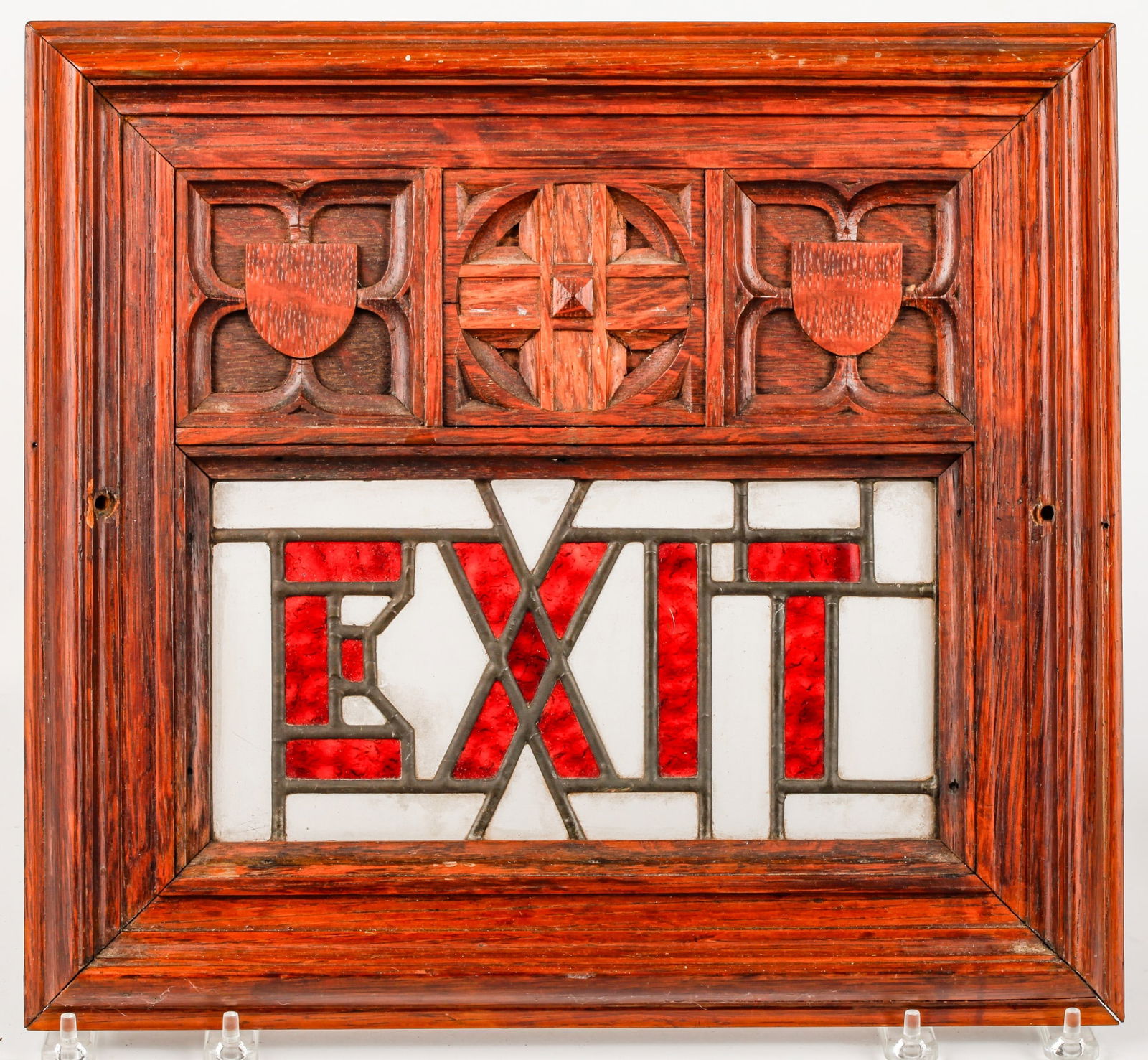 ECCLESIASTICAL OAK and LEADED GLASS EXIT SIGN (1 of 20)