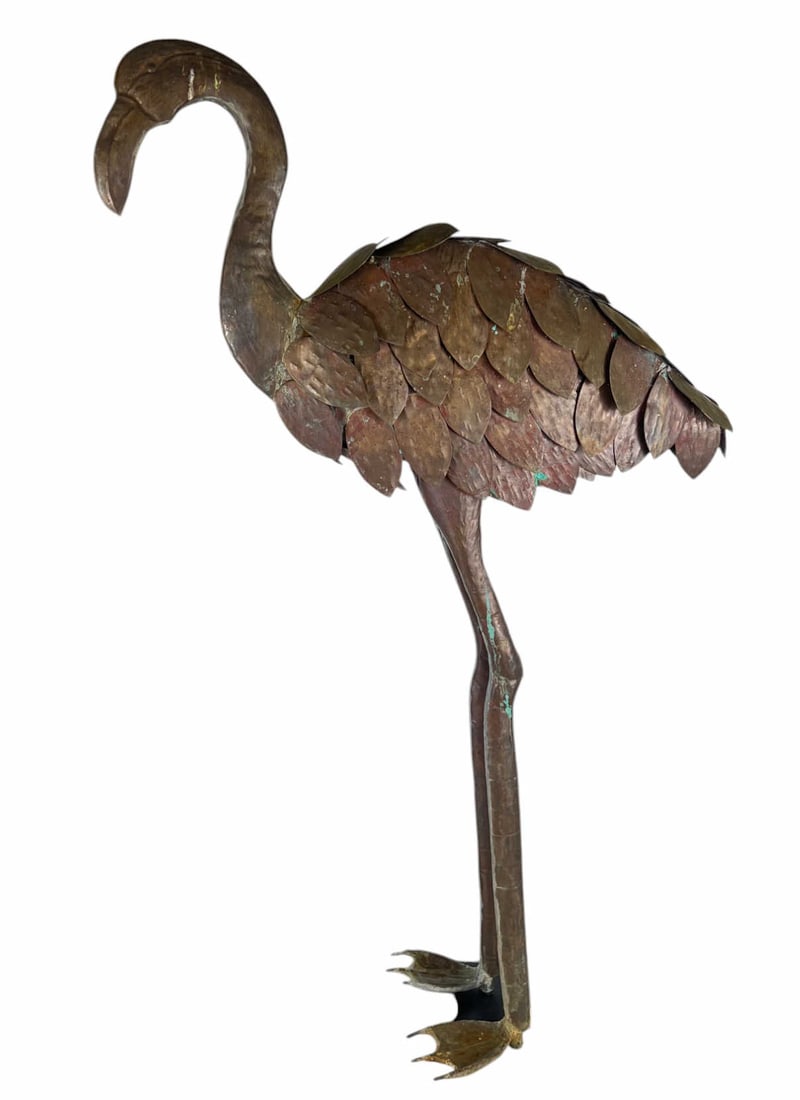 LIFE SIZE COPPER FLAMINGO GARDEN STATUE: Life size copper flamingo garden statue by New England Weathervane Shop. 40 x 20 inches.