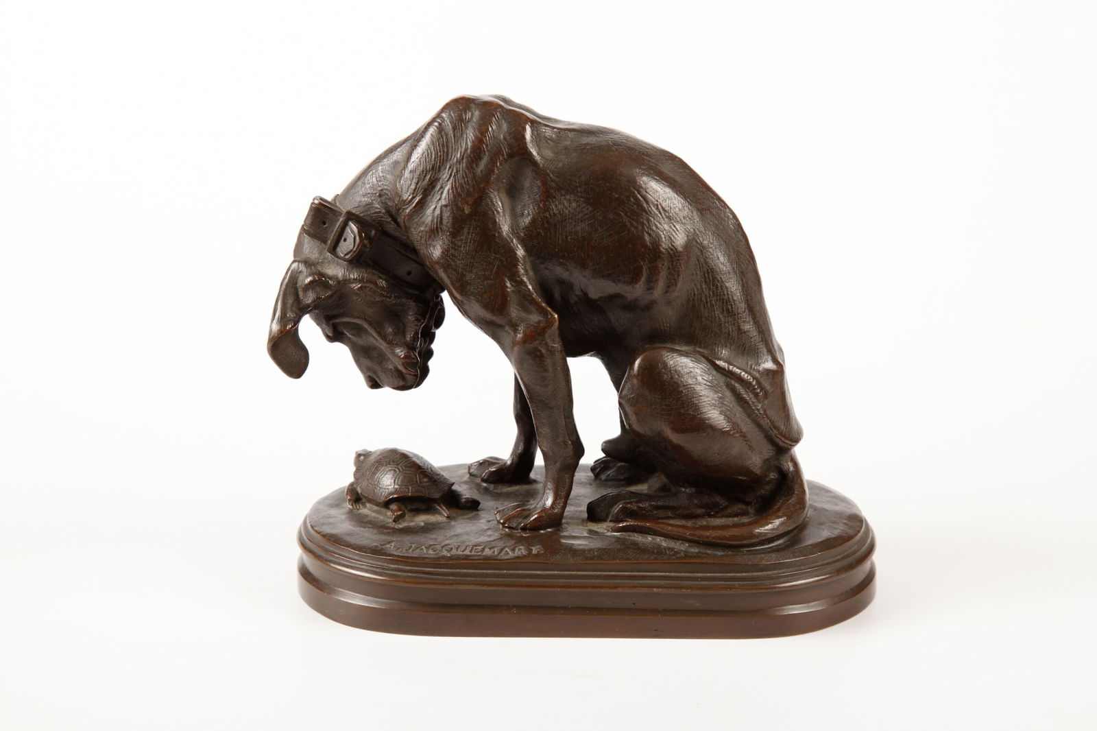 ALFRED JACQUEMART (1824-1896): "Hound and Tortoise" bronze 6 x 7 x 3 3/4 inches. signed. Provenance: Collection of Charles Hitchcock Tyler, New York 1933 to the consignor with the original 1974 bill of sale.