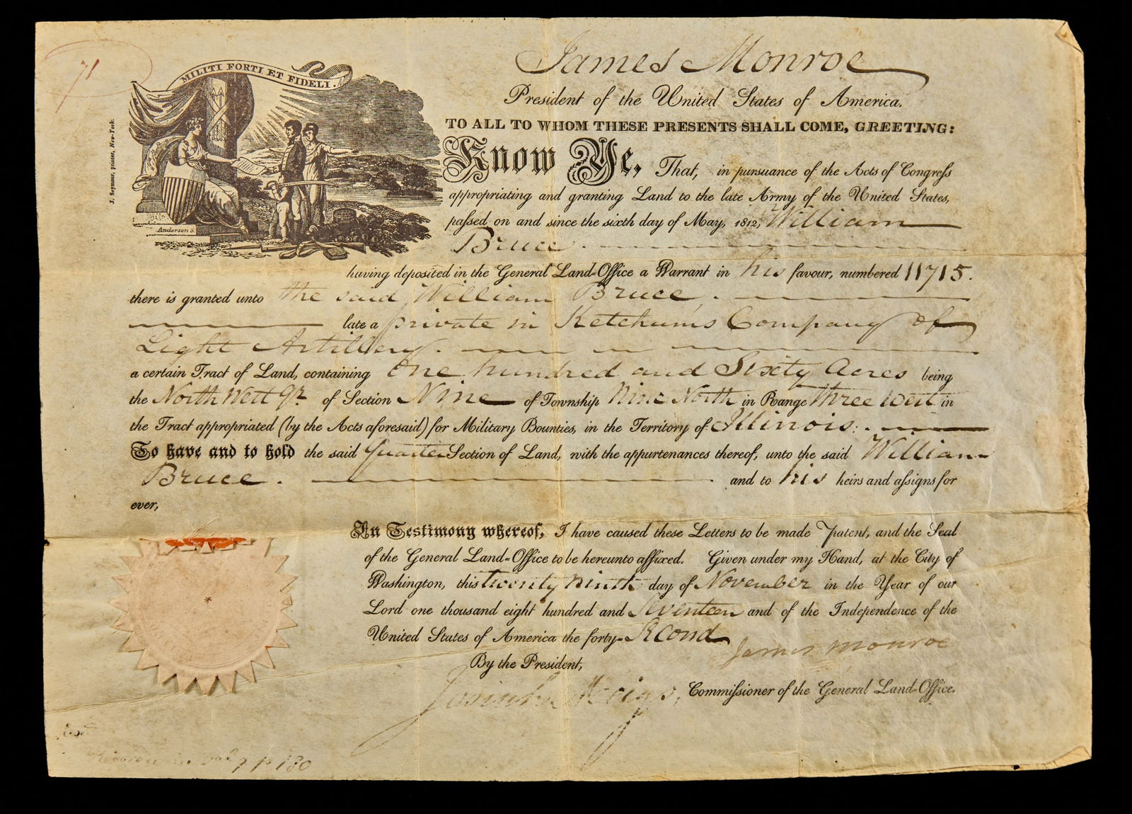 JAMES MONROE 1817 ILLINOIS TERRITORY LAND GRANT (1 of 14)