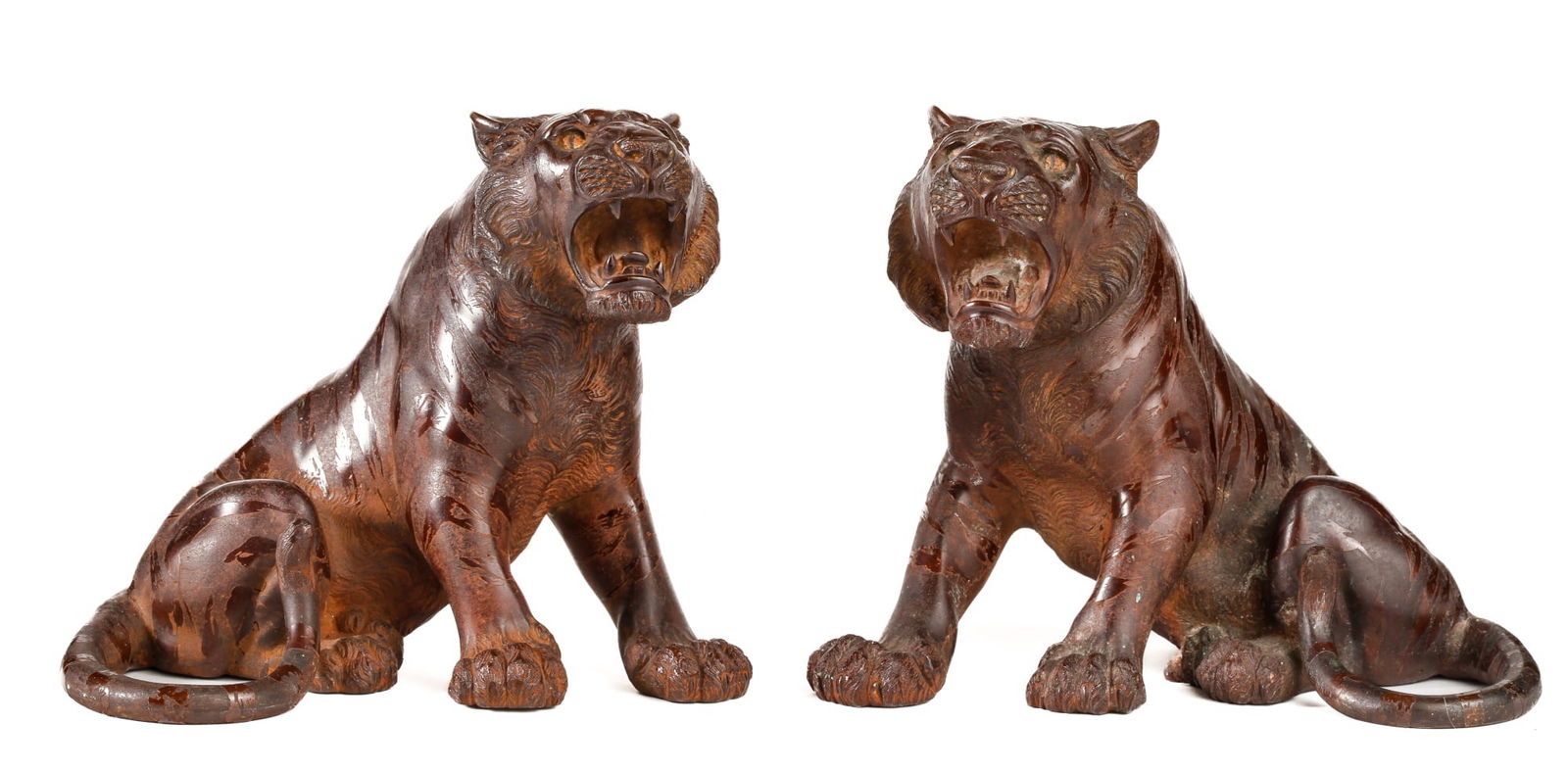 PAIR of BRONZE TIGERS SIGNED OMORI MITSUMOTO SAKU: Mirrored pair with acid etched coats and glass eyes. Square signature. 5 1/4 inches