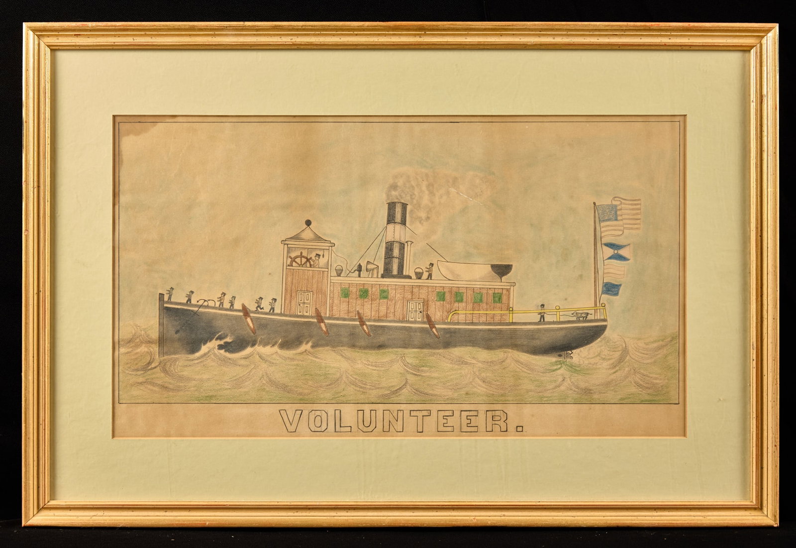 (Early 20th c) TUG BOAT "VOLUNTEER": Colored pencil and graphite. 22 x 13 inches. unsigned. framed 20 x 30 inches (overall). Provenance: An early Newburyport institution.