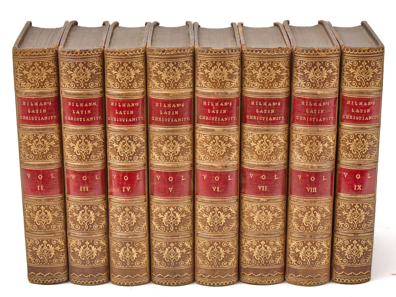 NEAR SET of MILLMANS LATIN CHRISTIANITY: (8) of (9) volumes of Henry Hart Millman's "History of Latin Christianity". 3rd edition, published by John Murray 1872 London. 7 x 5 inches.