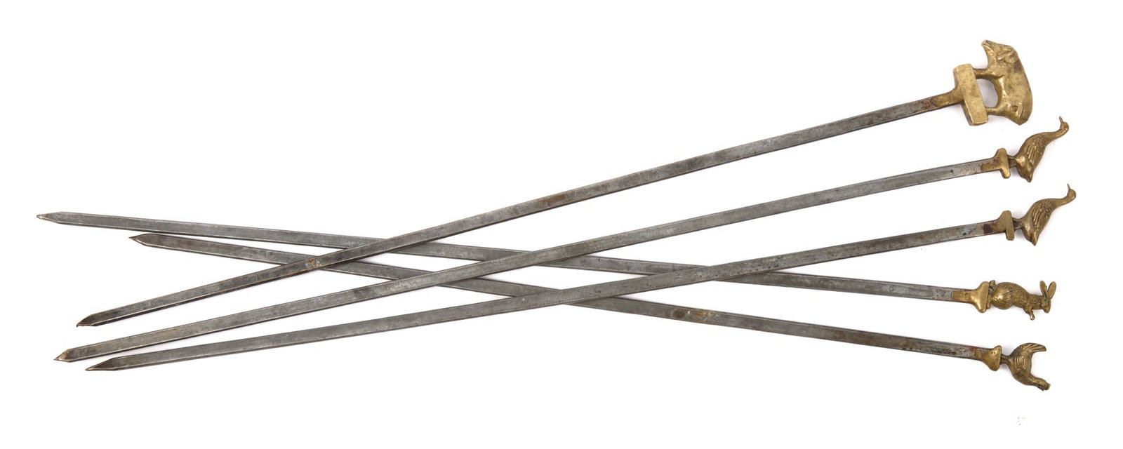 (5) SKEWERS with FIGURAL BRASS HANDLES: (Third quarter of the 20th c) Chicken, ducks, rabbit and pig. 14 inches