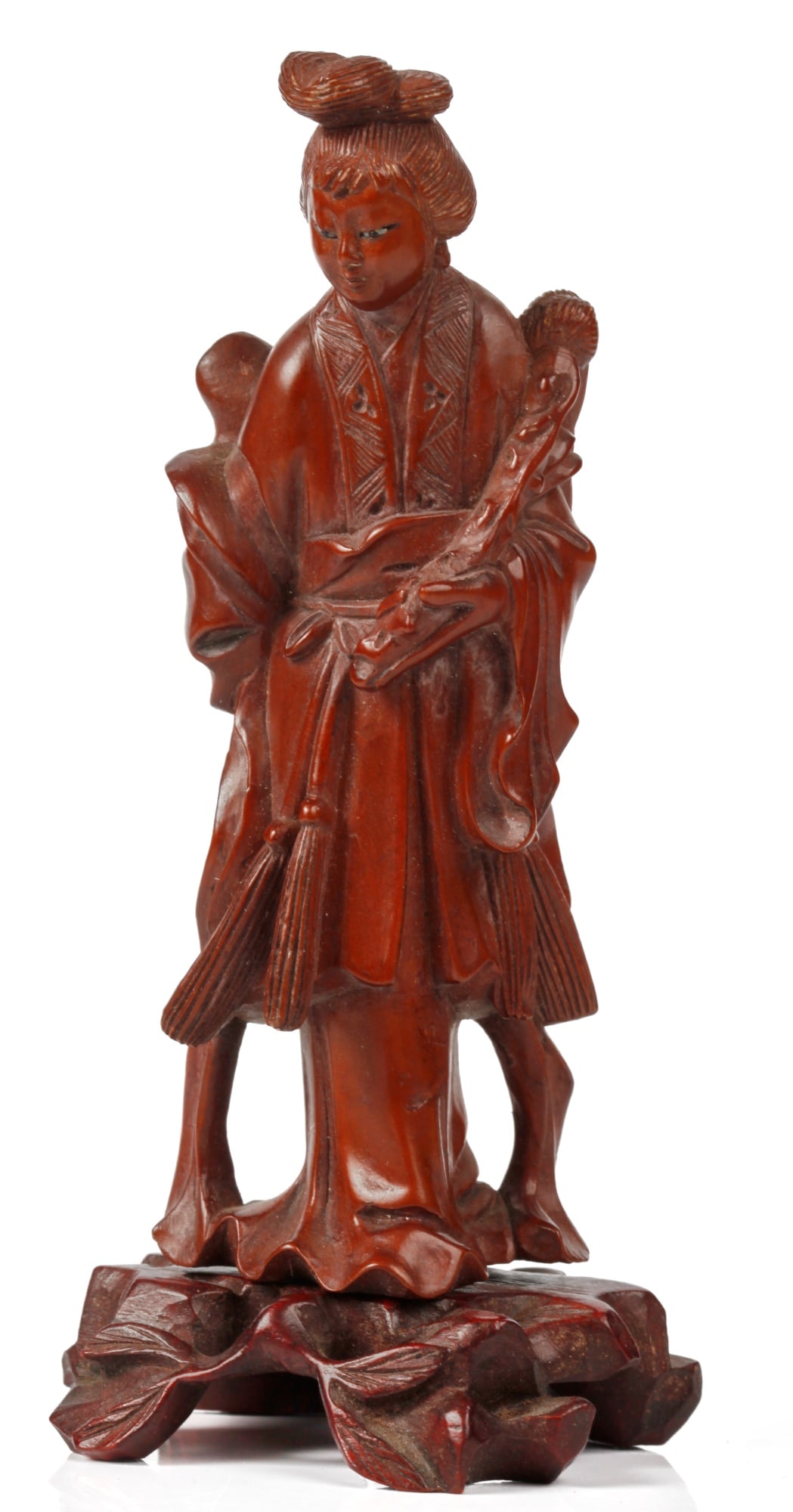 (19th c) CARVED CHINESE BOXWOOD FIGURE: (19th c) Chinese carved boxwood figure of a woman holding a fly whisk with enameled eyes on a carved stand. 5 1/4 inch height.