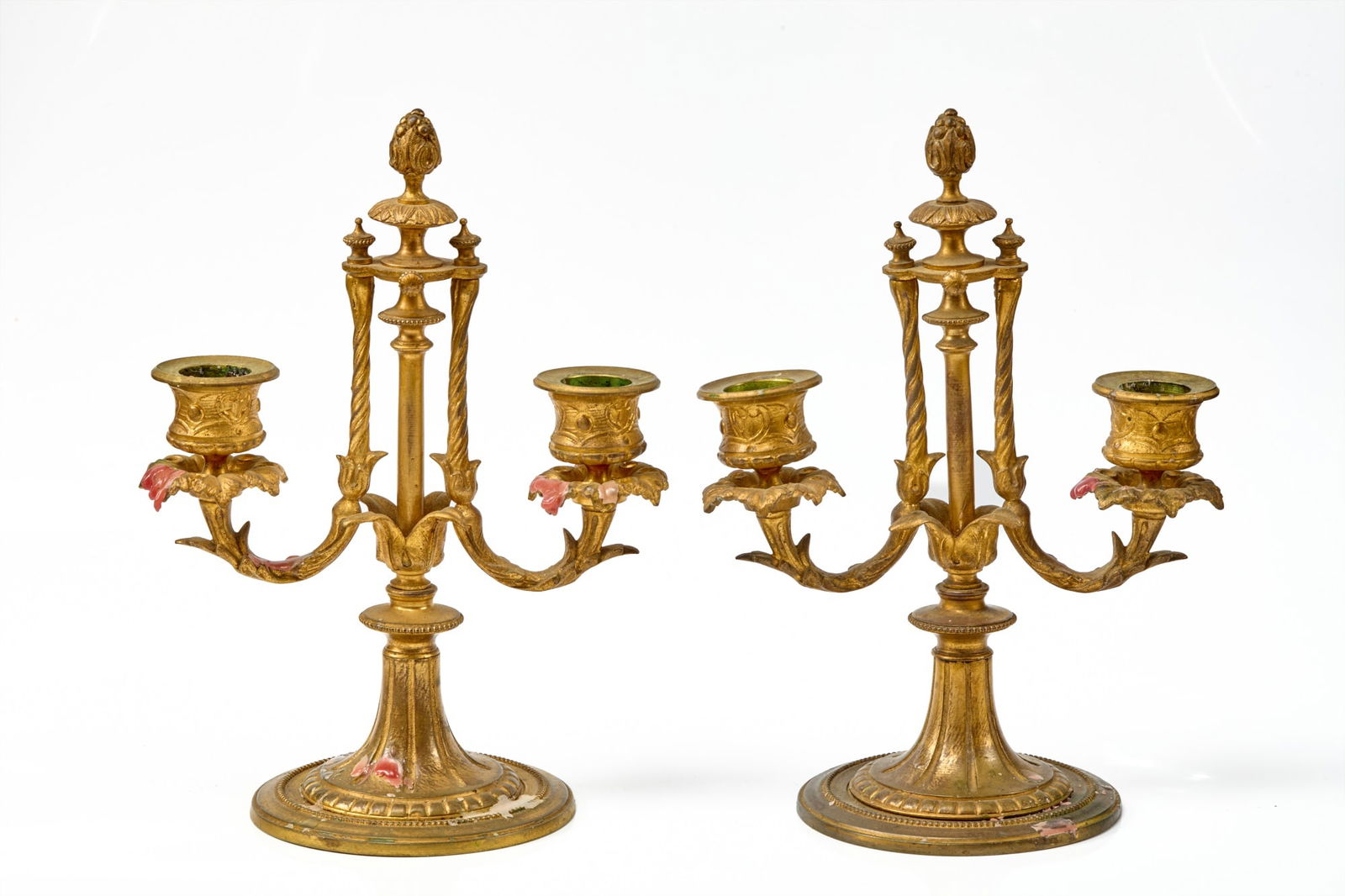PAIR of FRENCH GILT BRONZE (2) LIGHT CANDELABRA (1 of 8)