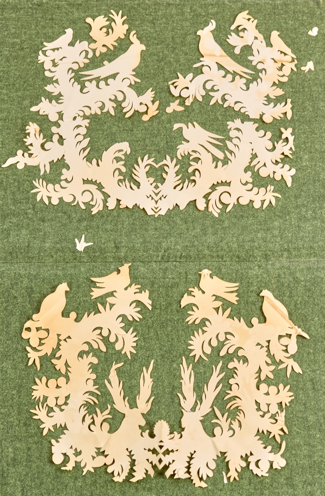 (2) PENNSYLVANIA SCHERENSCHNITTES c1830: Depicting birds and deer amongst flora. 7 1/2 x 8 inches (and slightly smaller