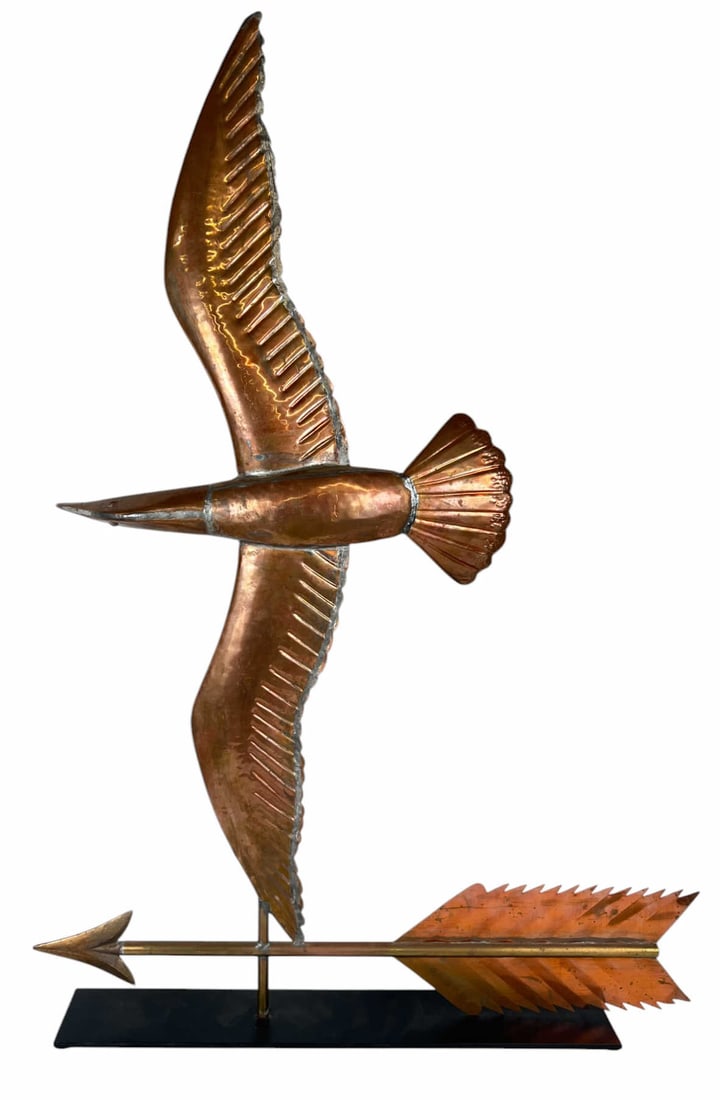 GULL in FLIGHT by NEW ENGLAND WEATHERVANE SHOP: An original Golden Eagle Coppersmith, Hampton Falls, NH vane. New England Weathervane Shop purchased Golden Eagle. Retail 1500.00 41 1/2 x 29 inches.