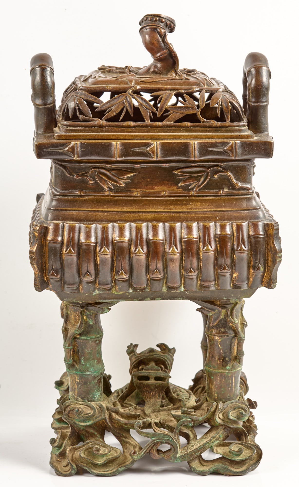 SUSSE FRERES BRONZE JAPONISME CENSER: This French made Japanese inspired bronze censer rests upon a dragon base with the faux bamboo body also being raised on bamboo form supports. Marked "Susse Freres" on rim. 16 1/2 x 8 3/4 x 7 1/4 inch