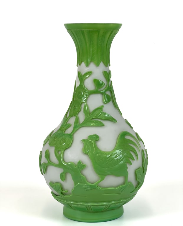 CHINESE CARVED OVERLAY PEKING GLASS VASE: Footed vase with rooster, hen and chick decoration. 9 1/2 inch height. Condition: Good. minor flea bites to rim. Temp No 3096
