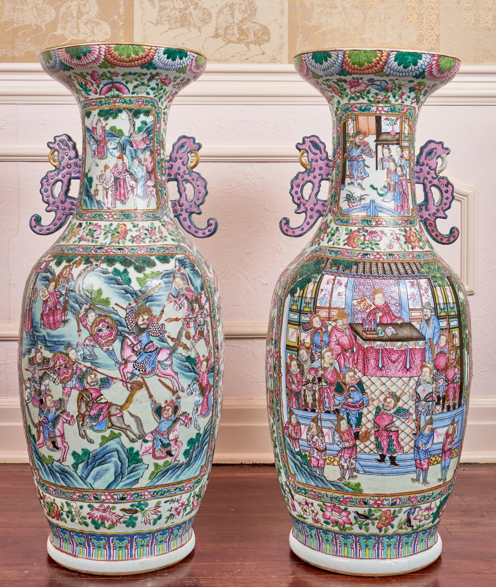 PAIR of (19th c) CHINESE FAMILLE ROSE TEMPLE URNS: Applied handles, fabulous palace & battle scenes. 35 inch height. Condition: Examine when unpacked. Temp No 3027