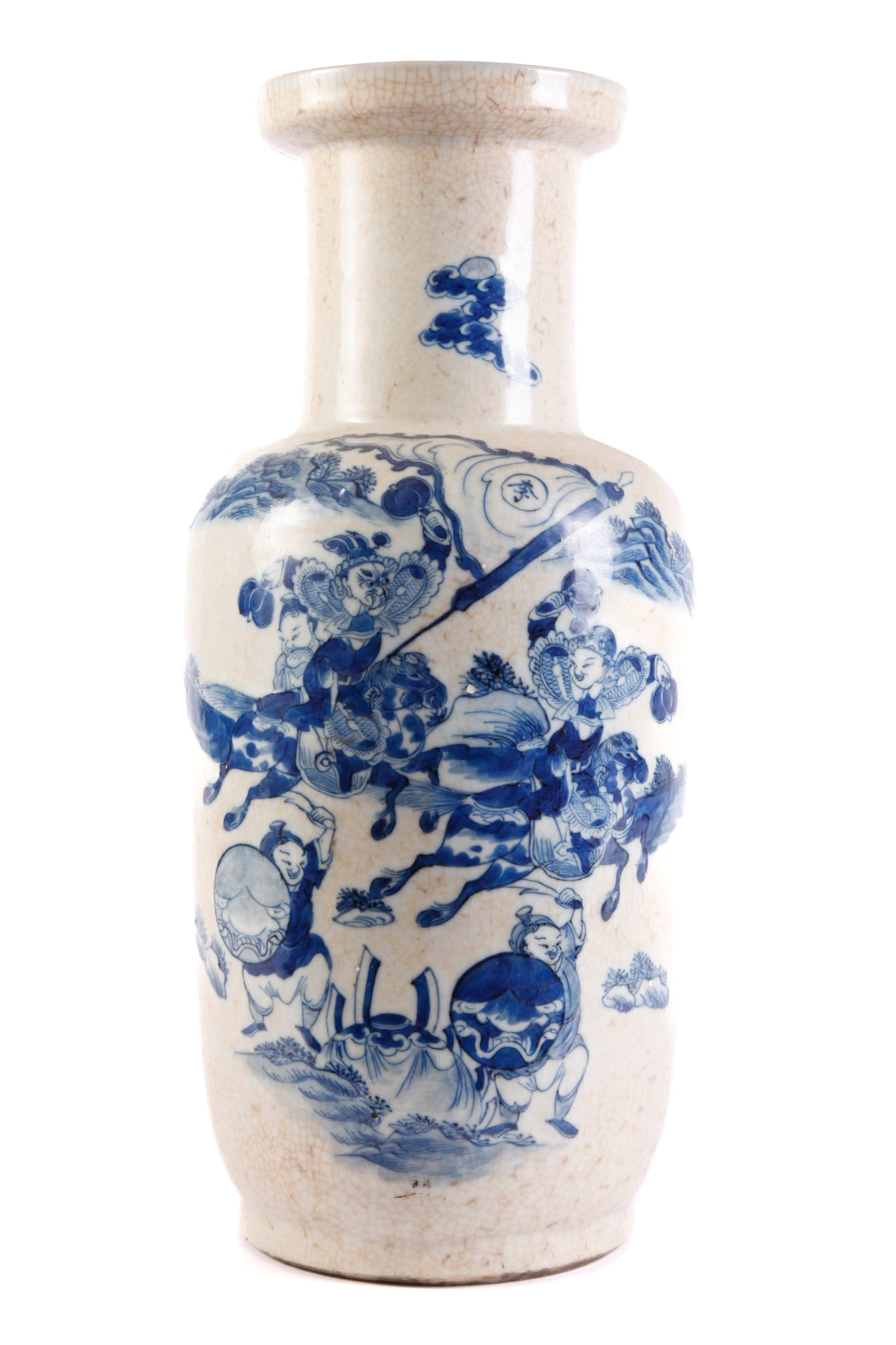 (19th c) CHINESE BLUE AND WHITE ROULEAU VASE: Painted in under glaze blue with scene of figures and horses. 18" tall Condition: Repaired section to rim Temp No 35131