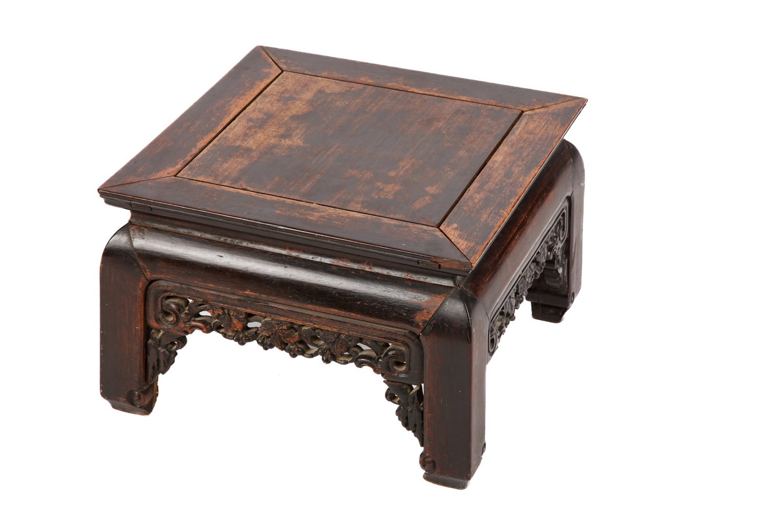 (19th c) ASIAN STAND for a LARGE VASE: Carved and pierced apron 11 x 16 1/2 x 16 1/2 inches Condition: Finish wear, apron returns absent save (1) Temp No 35411