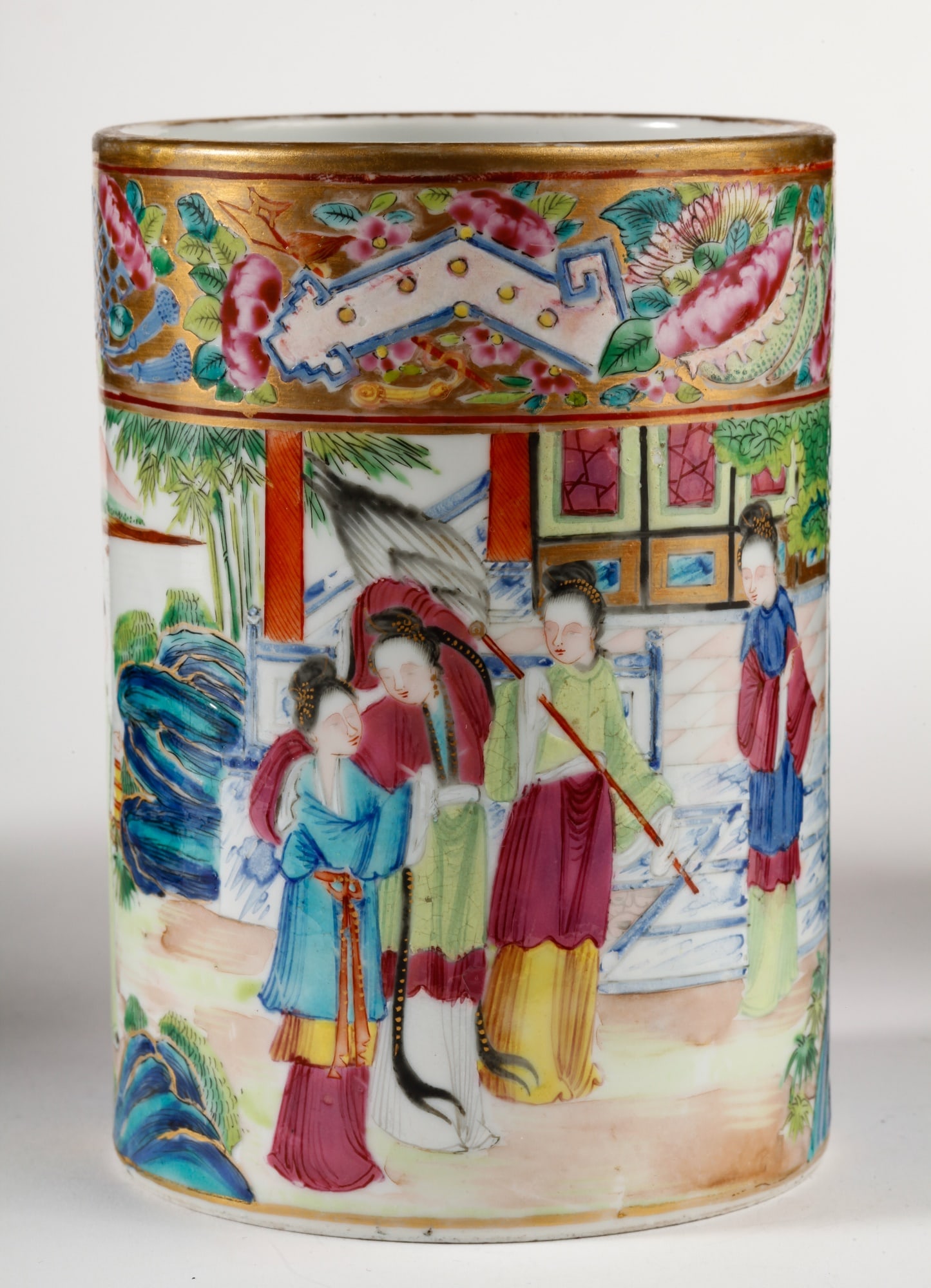 CYLINDRICAL (19th c) ROSE MANDARIN BRUSH POT (1 of 10)