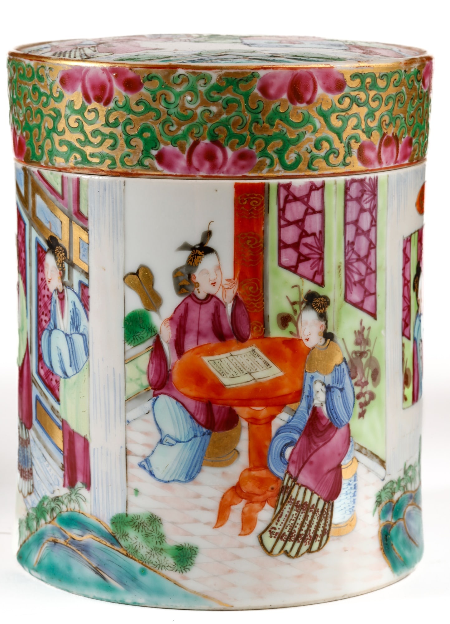 SIGNED (19th c) ROSE MANDARIN TEA CANISTER: Soft paste porcelain with continuous enameled scene of figures offering gifts to a ruler, lid with enameled court scene and repeating lotus & vine border over a gilt field. Signed in character above f