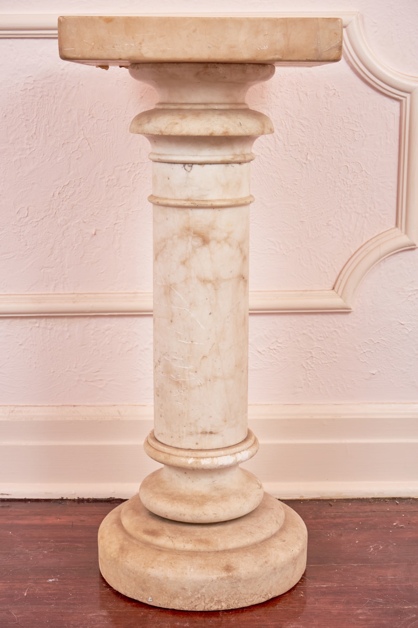 COLUMNAR ALABASTER PEDESTAL: 27 inch height; 12 x 12 inch top. Condition: Scattered losses. Temp No 3005