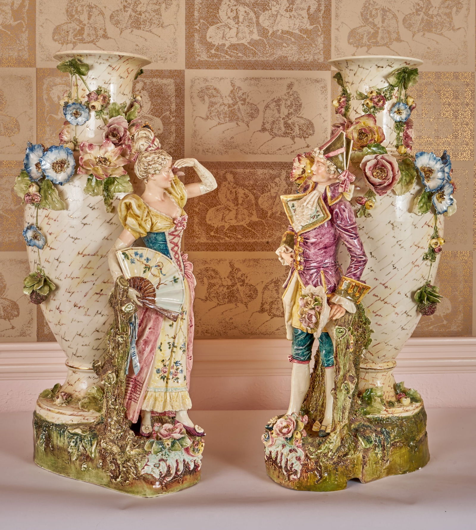 PAIR of MONUMENTAL FRENCH FAIENCE VASES with COURT (1 of 12)