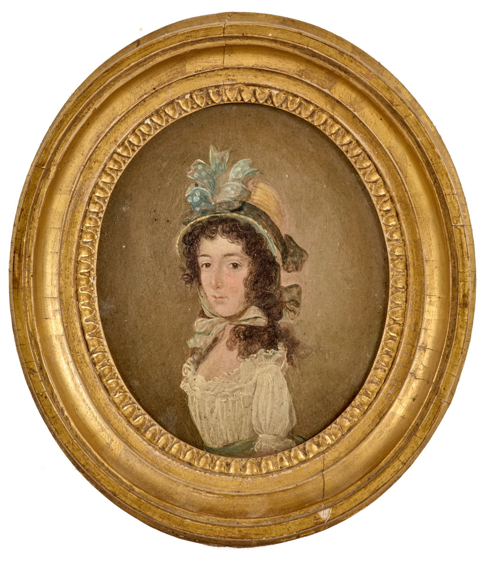 ENGLISH SCHOOL (18th C) "PORTRAIT OF A YOUNG LADY": Oil on tin. unsigned. Housed in gilt oval frame. 6 1/2 x 5 1/2 inches. Condition: Good. Temp No 3146