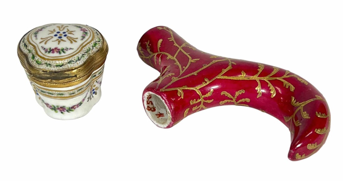 PORCELAIN CANE HANDLE w/ SEVRES PORCELAIN BOX (1 of 7)
