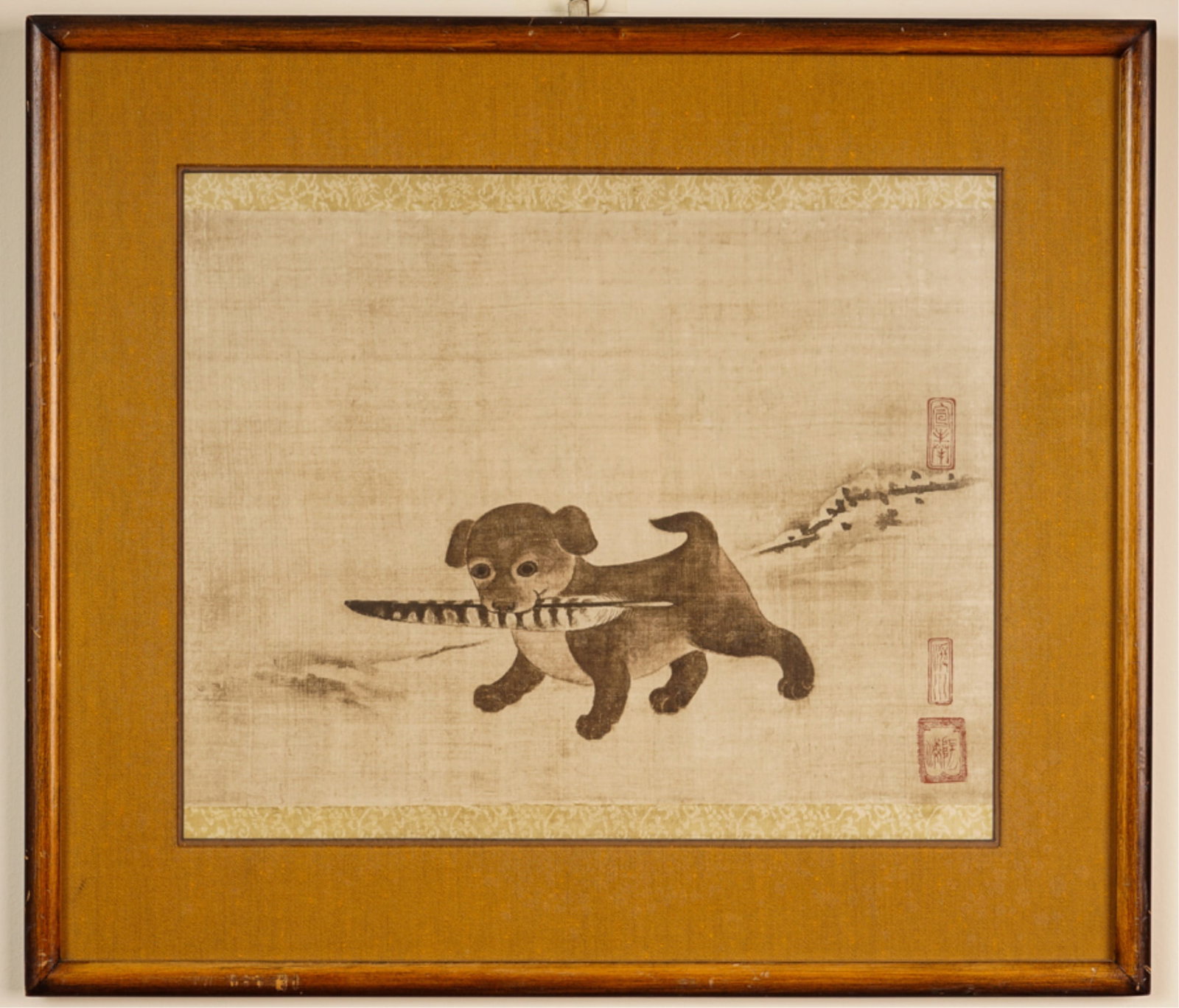 "PUPPY w PHEASANT FEATHER" PHOTOMECHANICAL PRINT: Framed 20 x 23 inches. Condition: Good. Age expected wear. Temp No 35751c