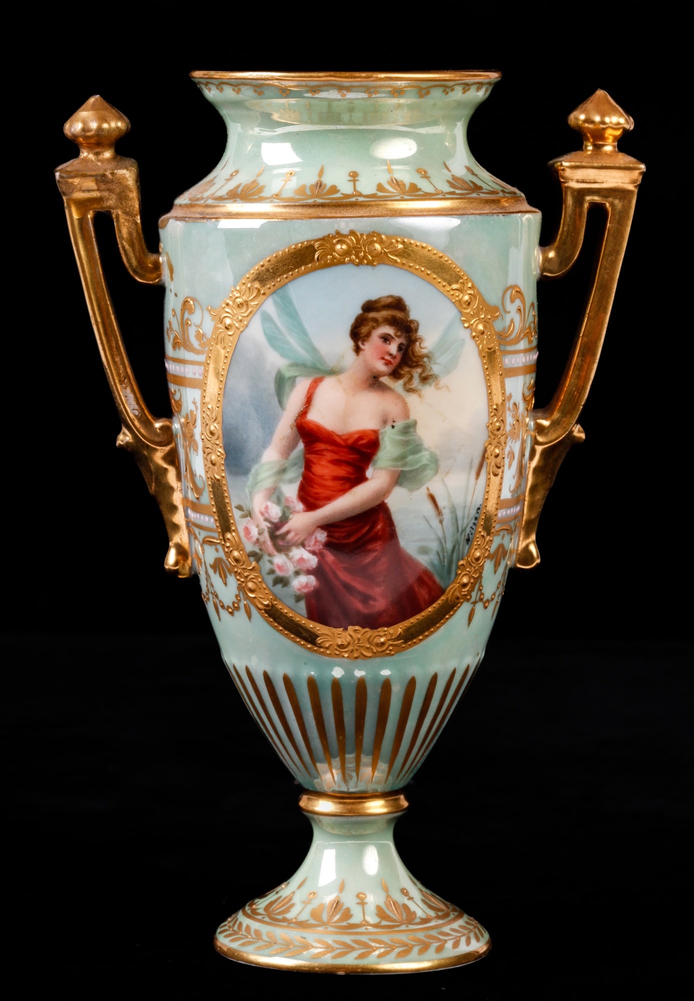 ROYAL VIENNA HAND PAINTED URN: Portrait is signed Nilsen. 6" tall Condition: Missing cover, repair to (1) handle Temp No 30441