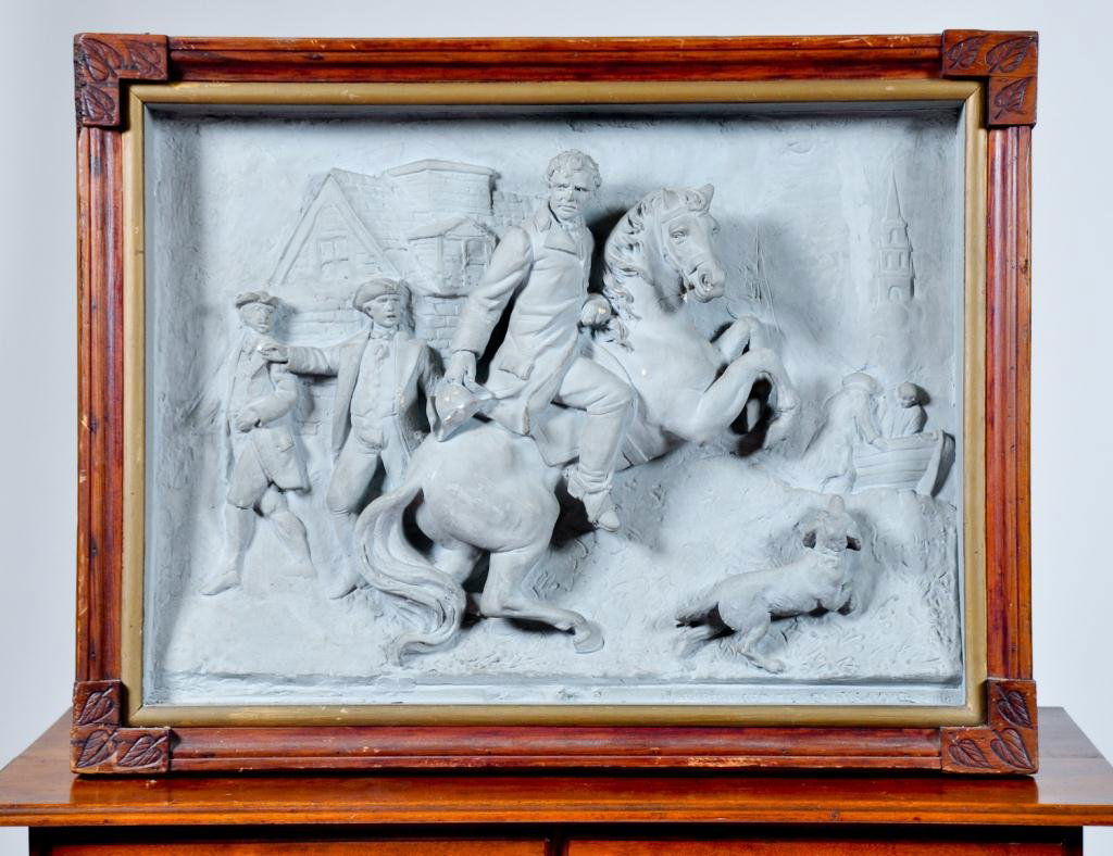 Rare Paul Revere Boston 1898 Plaque: CYRUS COBB (American, 1834-1903) "The Midnight Ride." Plaster, Signed lower center "COPYRIGHT BOSTON 1898 REVERE CYRUS COBB". Framed Condition: small scattered chips, surface grime Size: 30" x 22.5" x